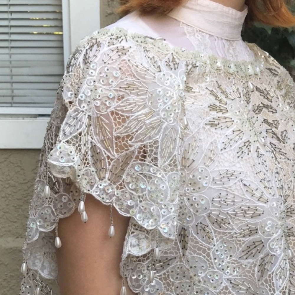 Antique 20’s cream/silver hand crocheted hand made all beaded poncho/cape